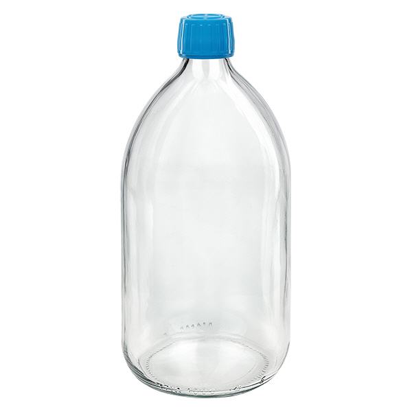 Butelka na lek 1000 ml przezroczysta, niebieska zakrętka z pierścieniem ApoGlas. Farmaceutyczna jakość produkcji UE. Gwint 28 mm (PP28). (syrop, butelka z lekkiego szkła) Butelka na lek 1000 ml przezroczysta, niebieska zakrętka z pierścieniem ApoGlas. Farmaceutyczna jakość produkcji UE. Gwint 28 mm (PP28). (syrop, butelka z lekkiego szkła)