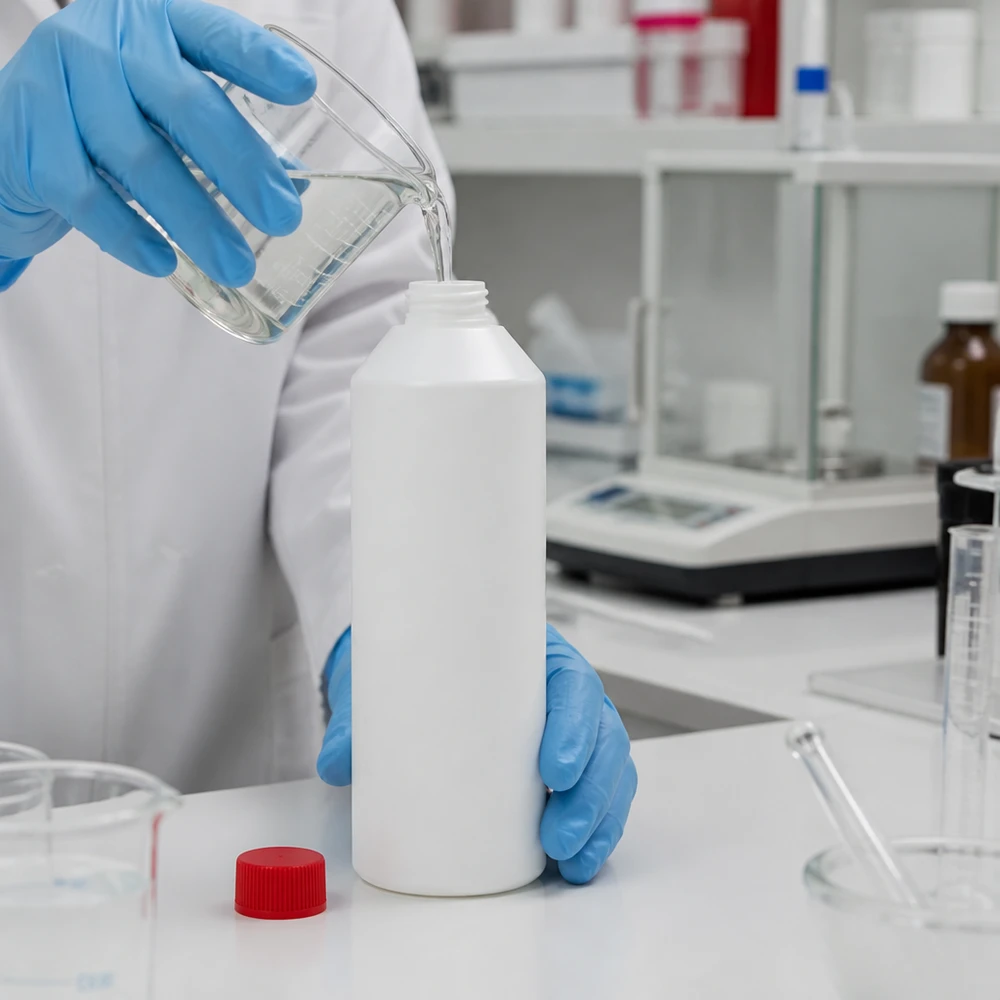 Technik laboratoryjny napełnia białą butelkę apteczną z HDPE o pojemności 250 ml z czerwoną nakrętką ze szkła zbełkowego