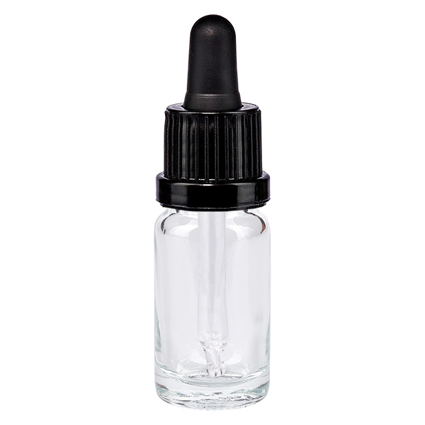 Butelka do leków płynnych 10 ml czarna OV ClearLine UT18/10 Butelka z pipetą o pojemności 10 ml, wykonana z przezroczystego szkła, z czarną nakrętką z kroplomierzem ClearLine UT18/10