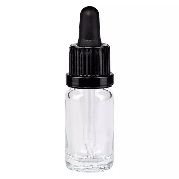 Butelka do leków płynnych 10 ml czarna OV ClearLine UT18/10 Butelka z pipetą o pojemności 10 ml, wykonana z przezroczystego szkła, z czarną nakrętką z kroplomierzem ClearLine UT18/10