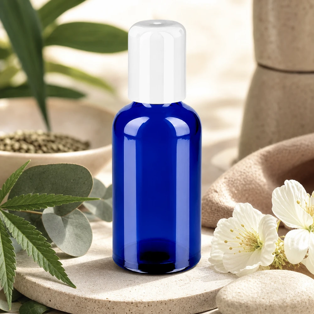 Butelka roll-on 50 ml biała STD BlueLine UT18/50 Kobaltowo-niebieska szklana butelka o pojemności 50 ml z białą nakrętką typu roll-on do kosmetyków DIY i kosmetyków naturalnych