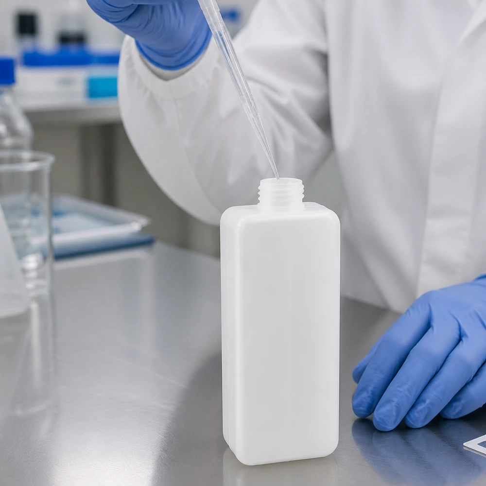 Laborant napełnia białą butelkę na chemikalia z polietylenu wysokogęstościowego (PE-HD) o pojemności 1000 ml, z wąską szyjką i gwintem GL 32, za pomocą pipety