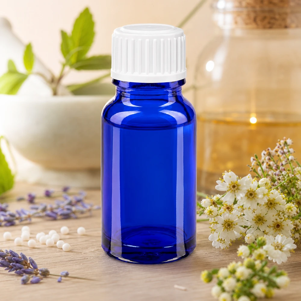 Niebieska szklana buteleczka homeopatyczna o pojemności 10 ml z białym zamknięciem, obok lawendy i ziół leczniczych