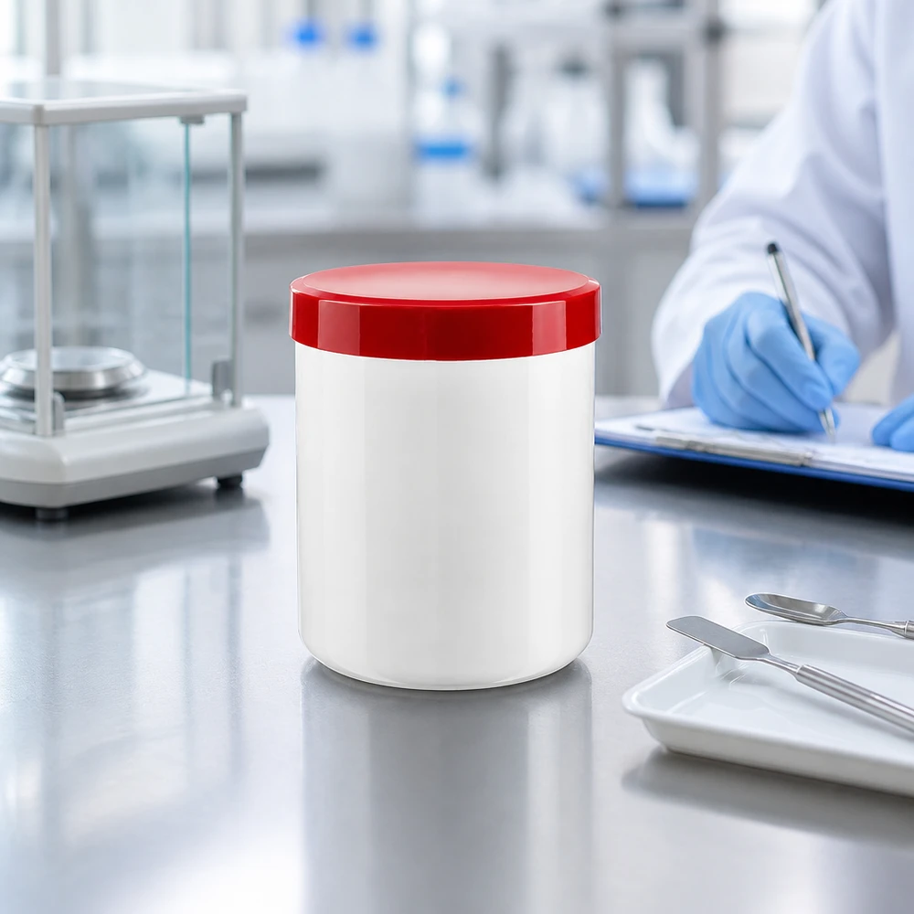 Słoik na maść 250g biały z czerwoną zakrętką (PP) Biały słoik na maść z PP o pojemności 250 g z czerwoną zakrętką na powierzchni ze stali nierdzewnej w laboratorium