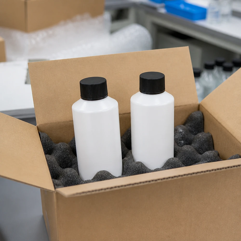 Dwie białe butelki apteczne z HDPE o pojemności 100 ml z czarnymi zakrętkami, bezpiecznie zapakowane w karton wysyłkowy