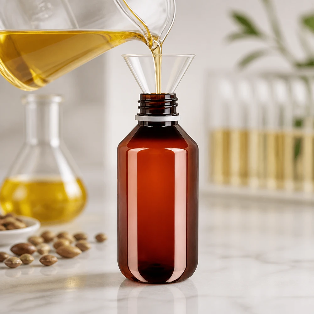 Butelkę PET o pojemności 200 ml w kolorze bursztynowym napełnia się złotym olejem za pomocą szklanego lejka