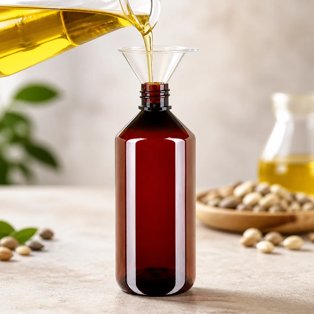 Butelka PET o pojemności 1000 ml w kolorze bursztynowym z lejkiem do napełniania żółtym olejem roślinnym