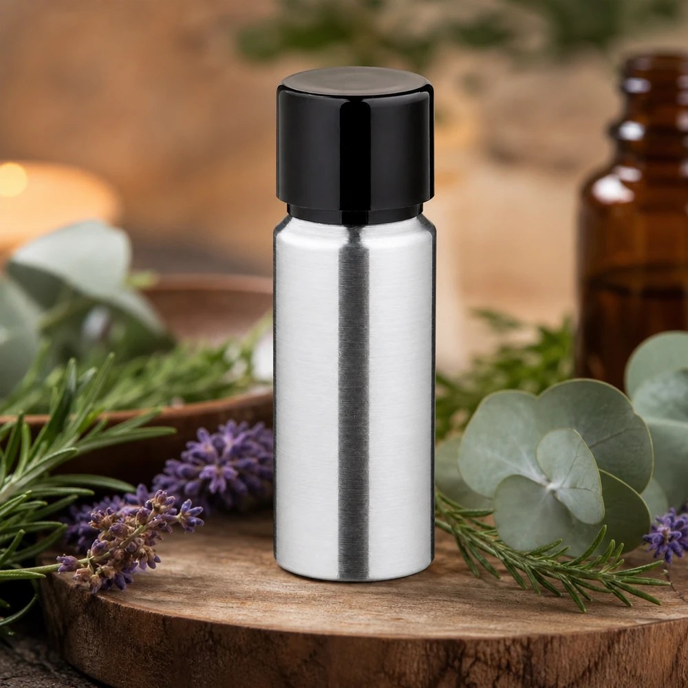 Butelka z polerowanego aluminium o pojemności 20 ml z zakrętką Kompaktowa aluminiowa butelka o pojemności 20 ml z polerowaną powierzchnią i praktyczną zakrętką.