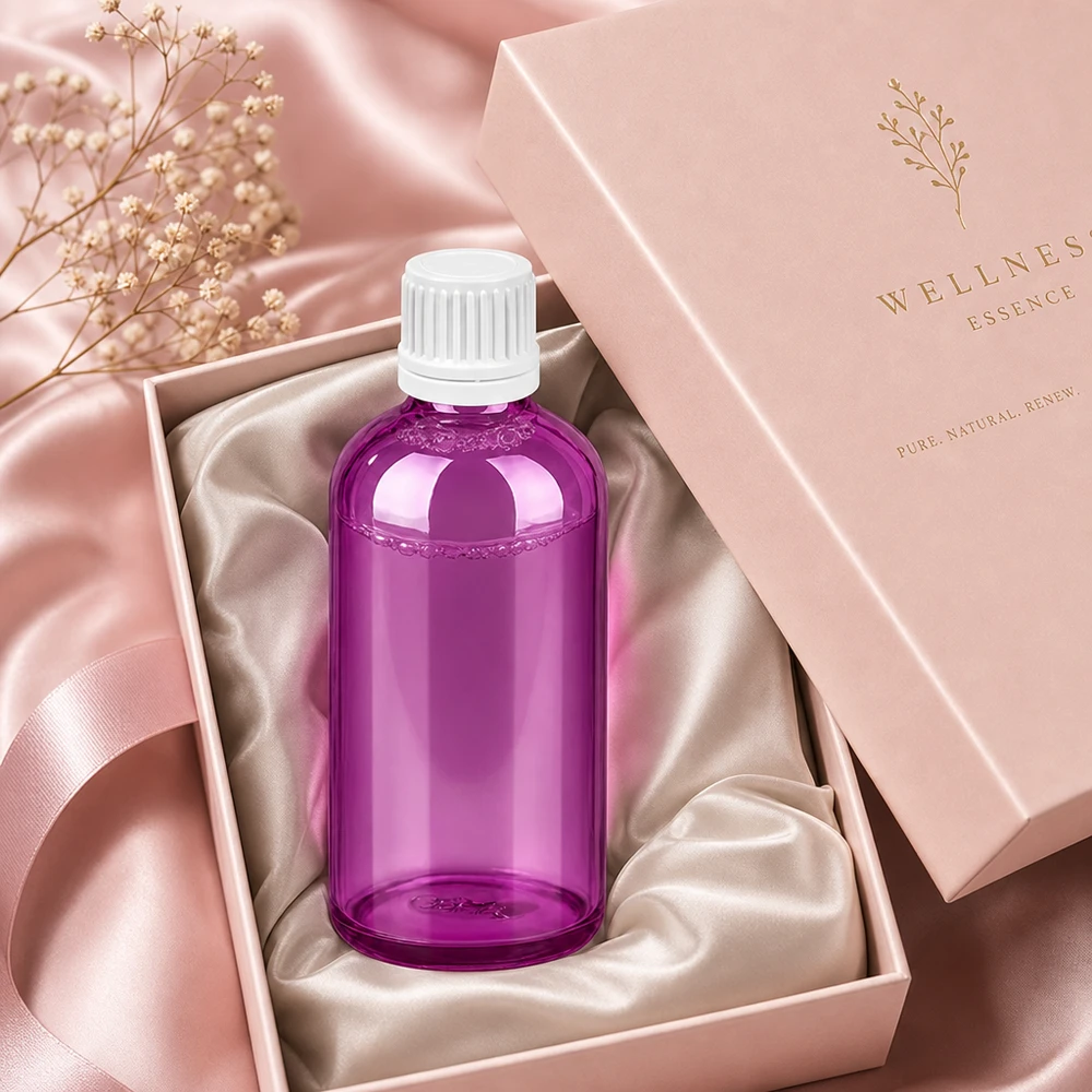 Butelka 100 ml z zakrętką 11 mm biała Oryginalna zakrętka PurpleLine UT18/100 Przezroczysta butelka 100 ml w kolorze fioletowym z białą zakrętką, idealna do kosmetyków DIY i produktów naturalnych.