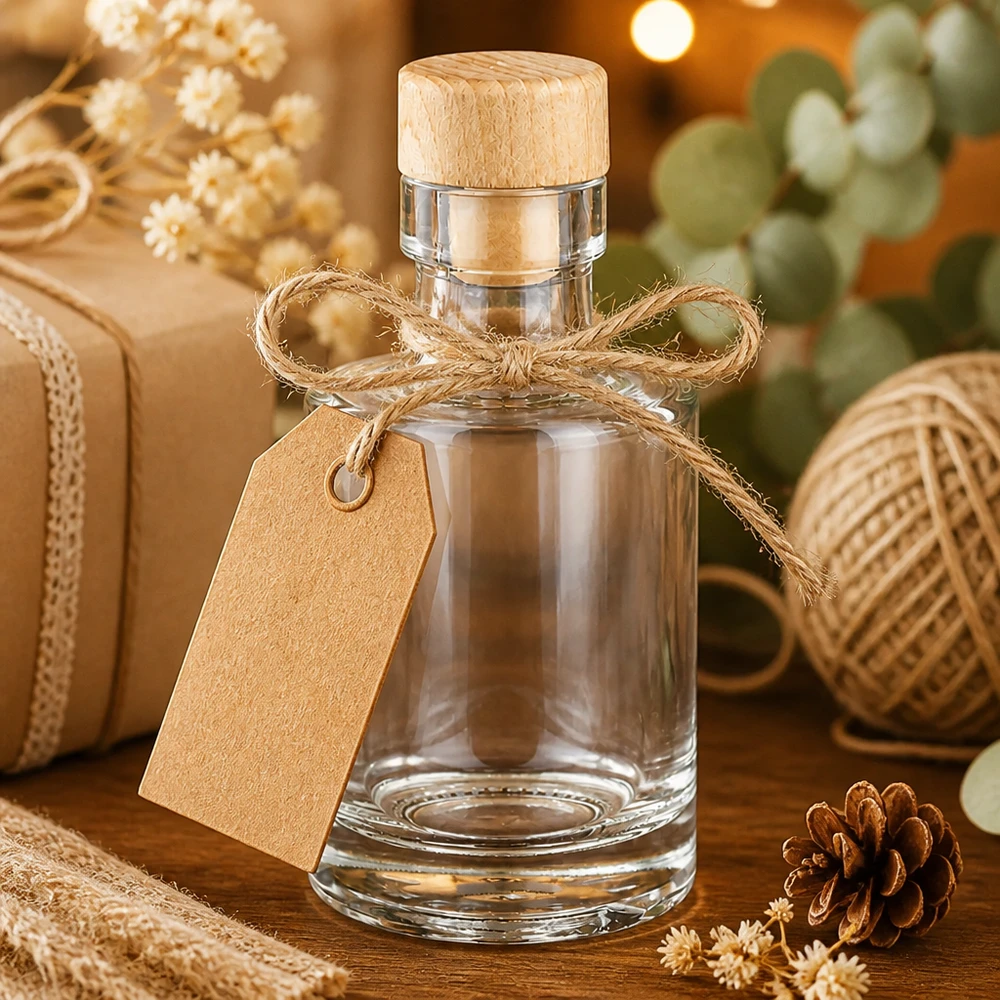 Szklana butelka Marie o pojemności 100 ml z drewnianym korkiem, zapakowana w kokardę z juty i przywieszkę w rustykalnym stylu.