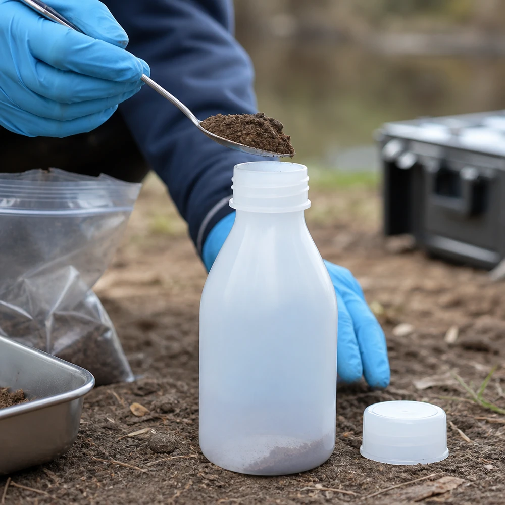 Próbkę gleby umieszcza się za pomocą metalowej łyżki w butelce z wąską szyjką i zakrętką o pojemności 100 ml, przeznaczonej do analizy środowiskowej