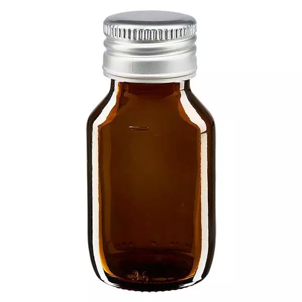Butelka na lek 50 ml brązowa, z zakrętką ze srebrnego aluminium ApoGlas. Farmaceutyczna jakość produkcji UE. Gwint 28 mm (PP28). (syrop, butelka z lekkiego szkła) Butelka na lek 50 ml brązowa, z zakrętką ze srebrnego aluminium ApoGlas. Farmaceutyczna jakość produkcji UE. Gwint 28 mm (PP28). (syrop, butelka z lekkiego szkła)