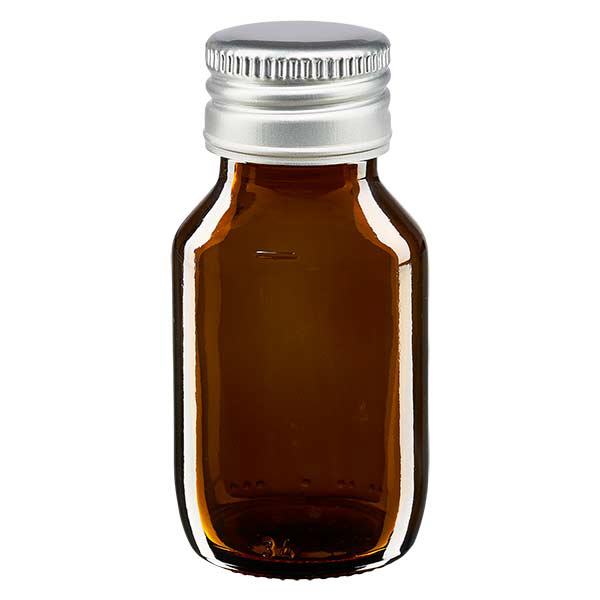 Butelka na lek 50 ml brązowa, z zakrętką ze srebrnego aluminium ApoGlas. Farmaceutyczna jakość produkcji UE. Gwint 28 mm (PP28). (syrop, butelka z lekkiego szkła) Butelka na lek 50 ml brązowa, z zakrętką ze srebrnego aluminium ApoGlas. Farmaceutyczna jakość produkcji UE. Gwint 28 mm (PP28). (syrop, butelka z lekkiego szkła)