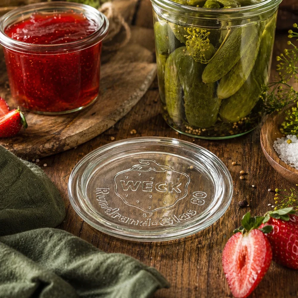 Pokrywka do słoika WECK RR80 w naturalnej scenerii kuchennej ze słoikami z marynatami i dżemem na drewnianym stole