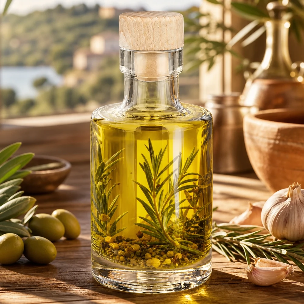 100 ml szklana butelka Marie z drewnianym korkiem wypełniona ziołowym olejem z ziaren rozmarynu i pieprzu obok oliwek i czosnku mediterra