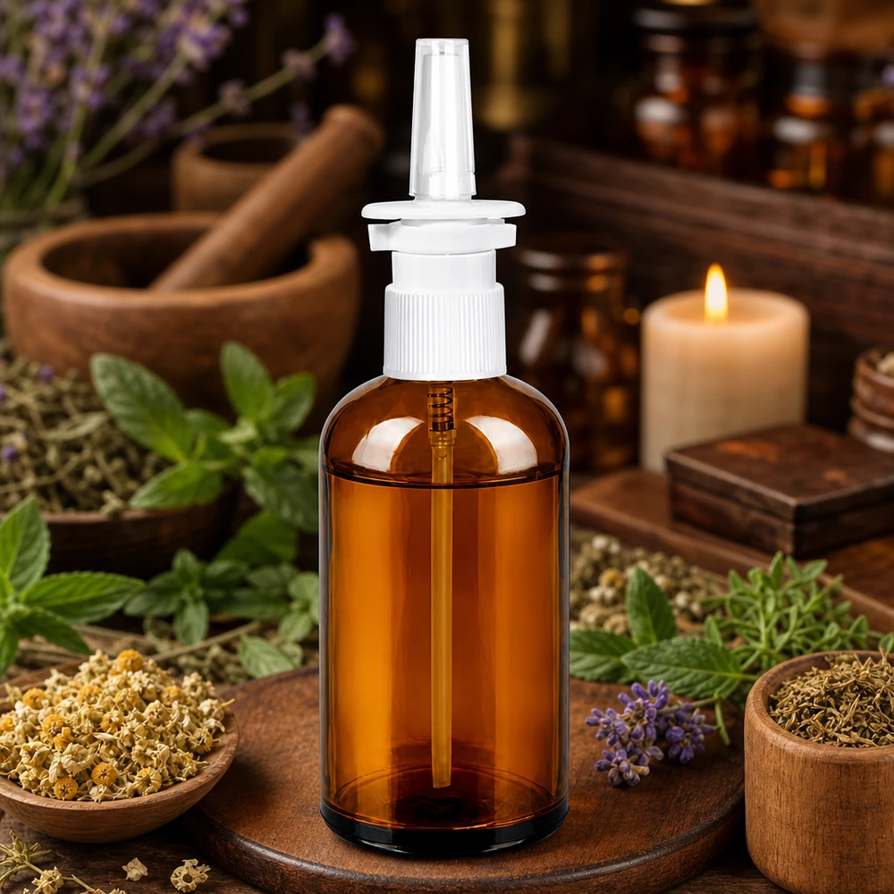 Pusta szklana butelka 100 ml w kolorze brązowym do samodzielnego napełniania aerozoli do nosa i naturalnych środków.