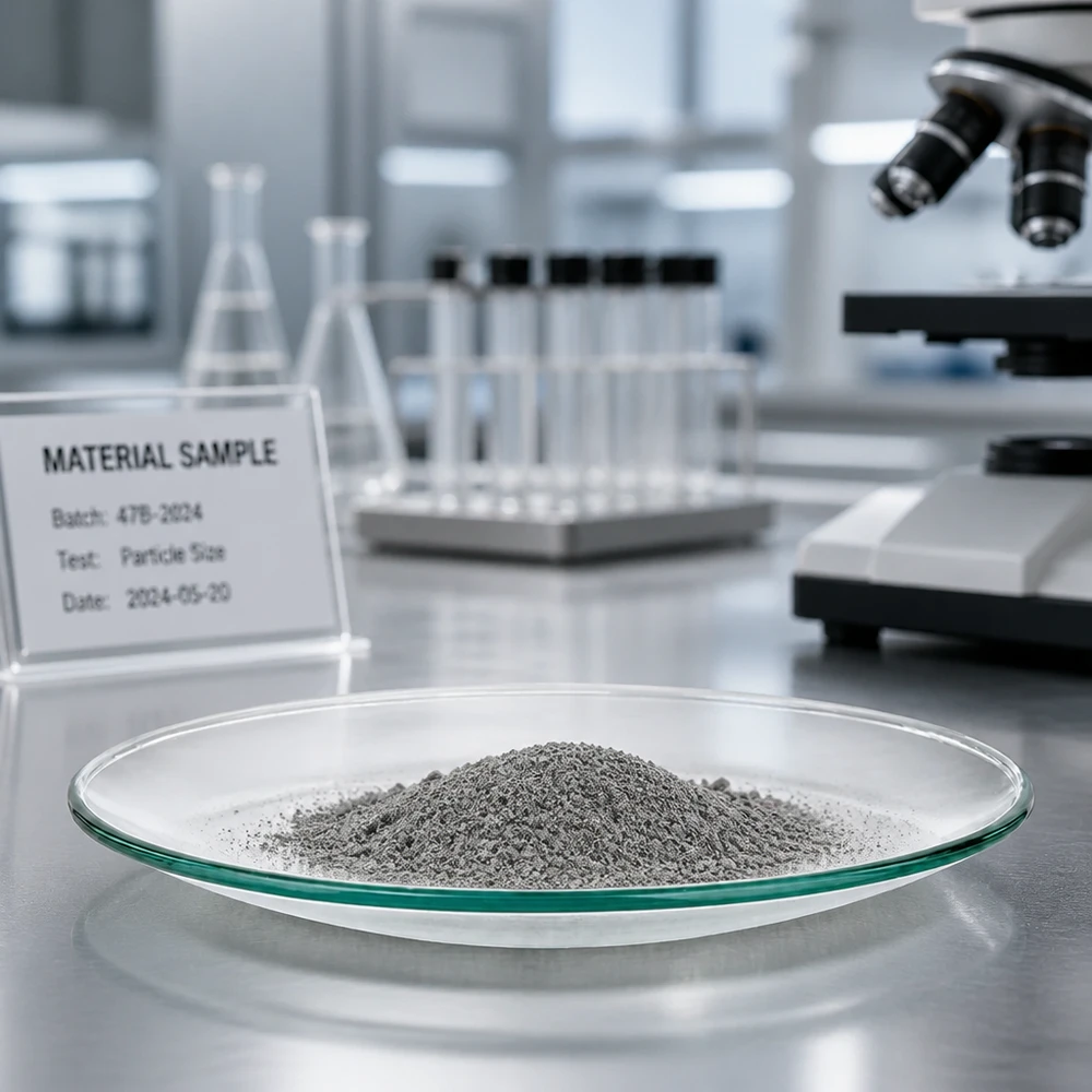Szklana miska zegarka Ø 60 mm Profesjonalne szklane naczynie zegarkowe o średnicy 6 cm z szarym proszkiem do analizy materiałów w laboratorium