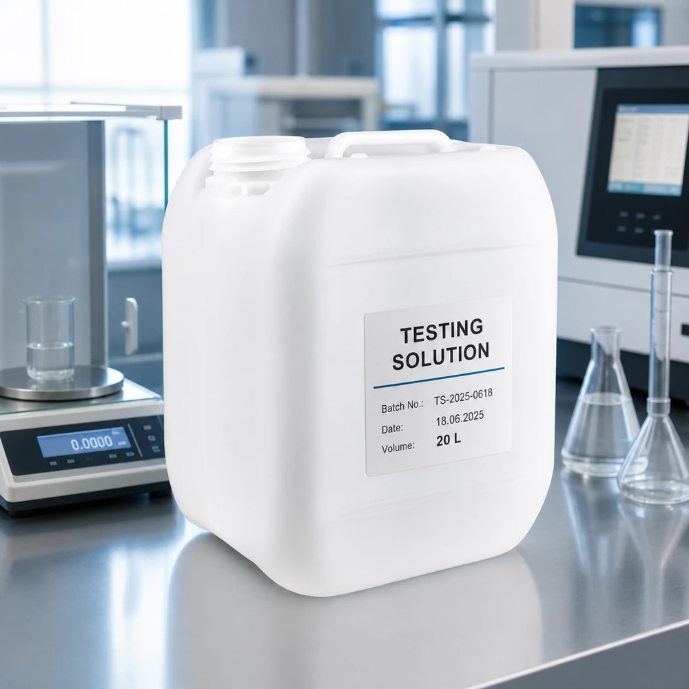 Kanister 5 litrów bez korka 5-litrowy kanister bez zamknięcia z etykietą „Testing Solution” na laboratoryjnym stole ze stali nierdzewnej