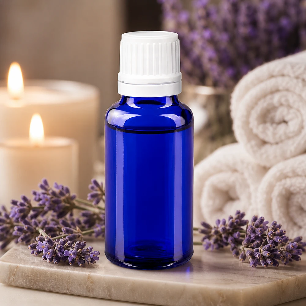 Butelka apteczna niebieska 20ml drip v. 1,2 mm biały OV Zestaw do aromaterapii z lawendą, zawierający niebieską buteleczkę z zakraplaczem ApoGlas o pojemności 20 ml, białą nakrętkę OV oraz wkład o średnicy 0,7 mm