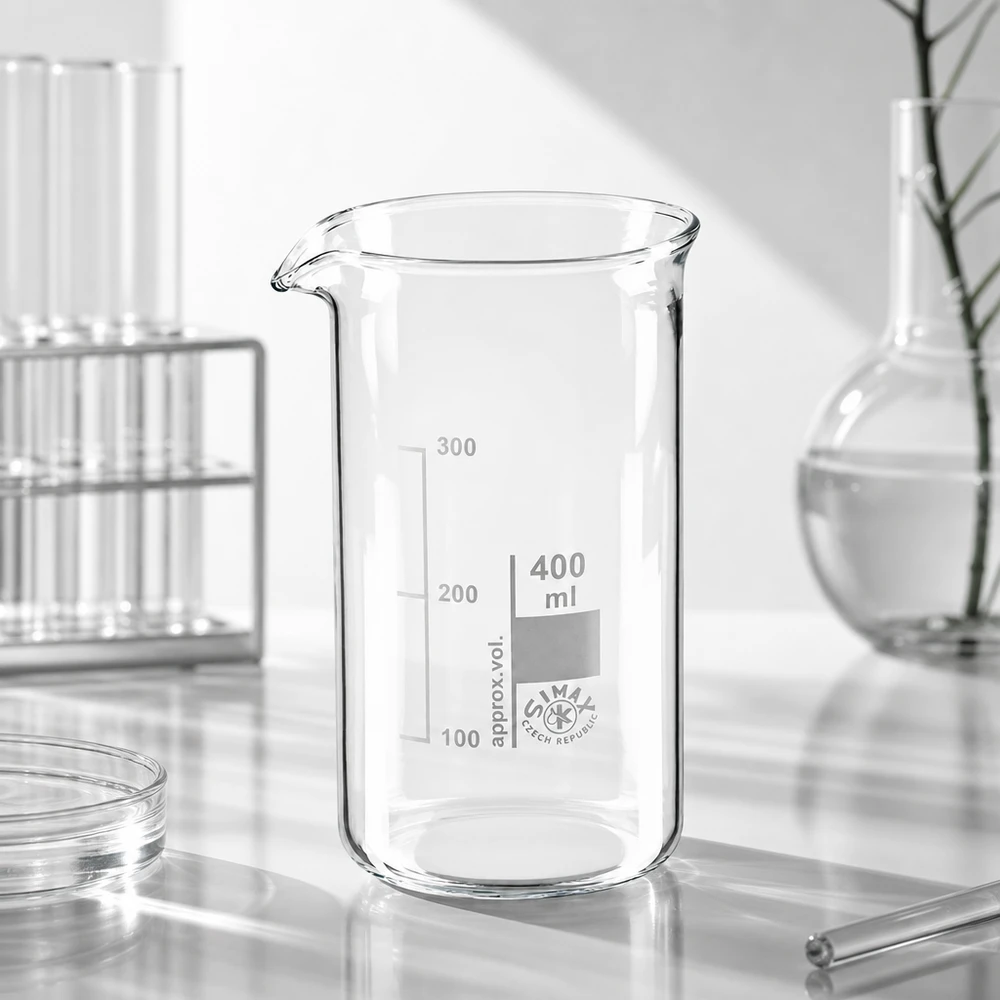 Pusta, przezroczysta szklanka laboratoryjna o pojemności 400 ml, wysoka, z wylewką, wykonana z przezroczystego szkła borokrzemowego