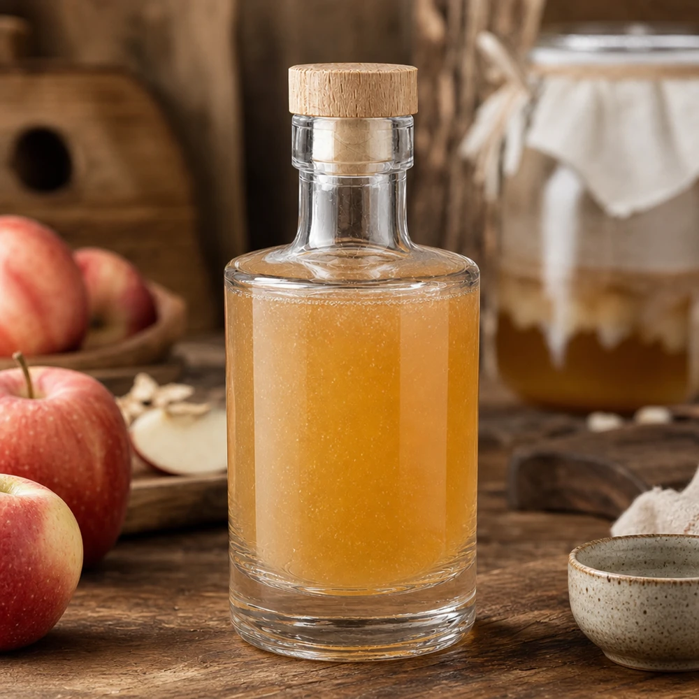 Butelka szklana 200 ml Marie z drewnianym korkiem UNiTWIST® 200ml Glasflasche Marie mit Apfelessig befüllt, Holzkorken-Verschluss, rustikale Küchendeko mit frischen Äpfeln