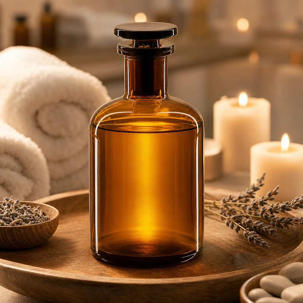 Okrągła butelka na ramię 100 ml z brązową wąską szyjką i szklanym korkiem Butelka do aromaterapii 100 ml, brązowa, z zaokrąglonymi ramionami, szklanym korkiem, z lawendą i świecami