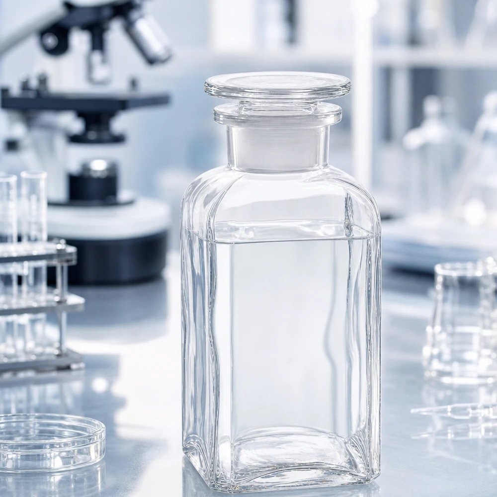 Butelka laboratoryjna o pojemności 350 ml, kwadratowa, z szeroką szyjką i szklanym korkiem, przeznaczona do odczynników chemicznych i roztworów