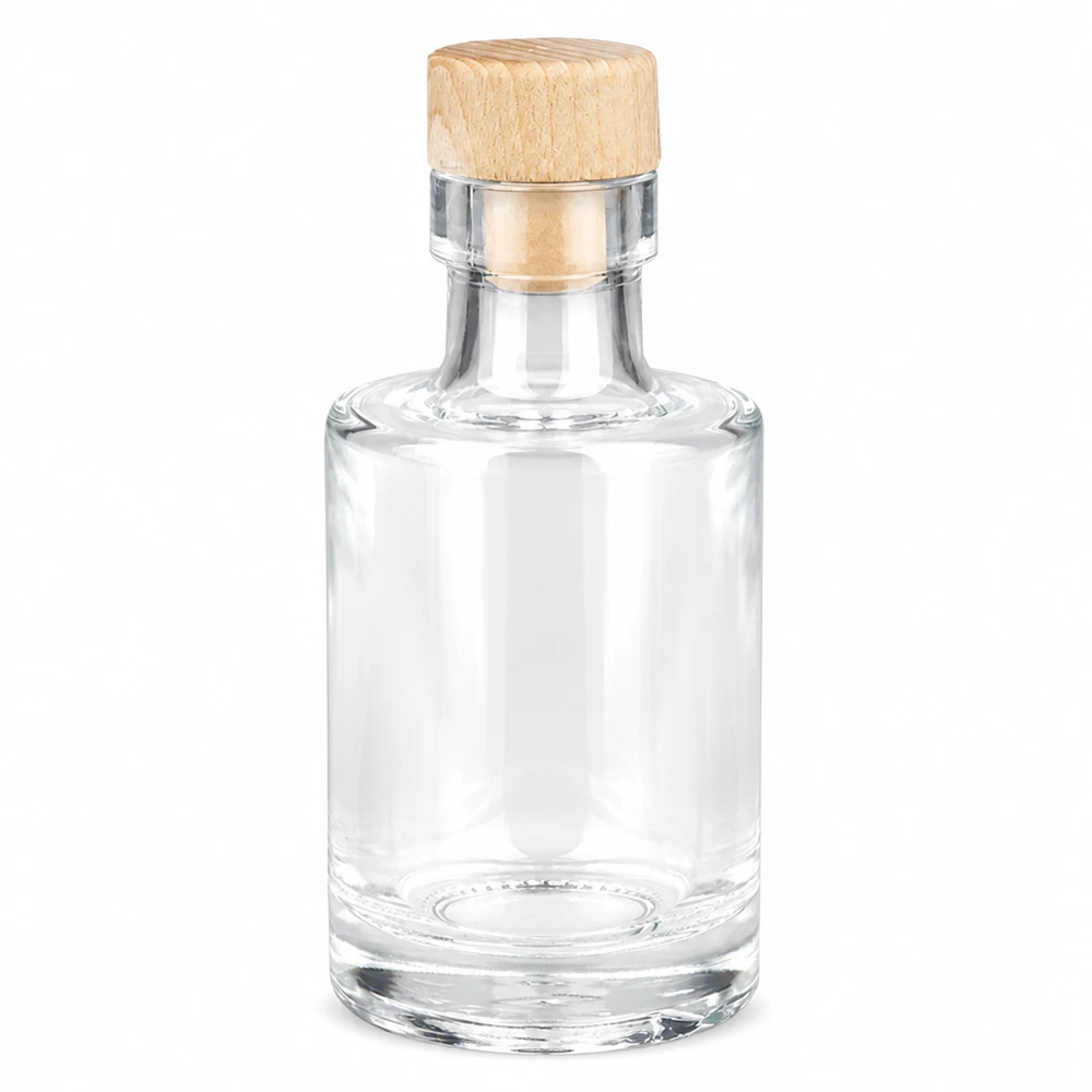 Butelka szklana 100 ml Marie z drewnianym korkiem UNiTWIST® 100ml szklana butelka Marie z drewnianym uchwytem korek UNiTWIST pusty przezroczysty okrągły kształt Zdjęcie produktu na białym tle