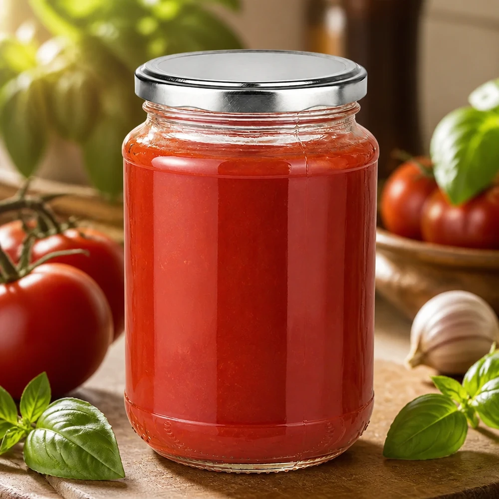 Okrągła szklanka 320 ml + uszczelka BasicSeal w kolorze srebrnym UNiTWIST Domowy sos pomidorowy, zagęszczony w okrągłej szklanej butelce UniTwist o pojemności 320 ml z srebrną pokrywką BasicSeal