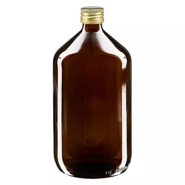 Butelka na lek o pojemności 1000 ml, brązowa, ze złotą aluminiową zakrętką ApoGlas. Farmaceutyczna jakość produkcji UE. Gwint 28 mm (PP28). (syrop, butelka z lekkiego szkła) Butelka na lek o pojemności 1000 ml, brązowa, ze złotą aluminiową zakrętką ApoGlas. Farmaceutyczna jakość produkcji UE. Gwint 28 mm (PP28). (syrop, butelka z lekkiego szkła)