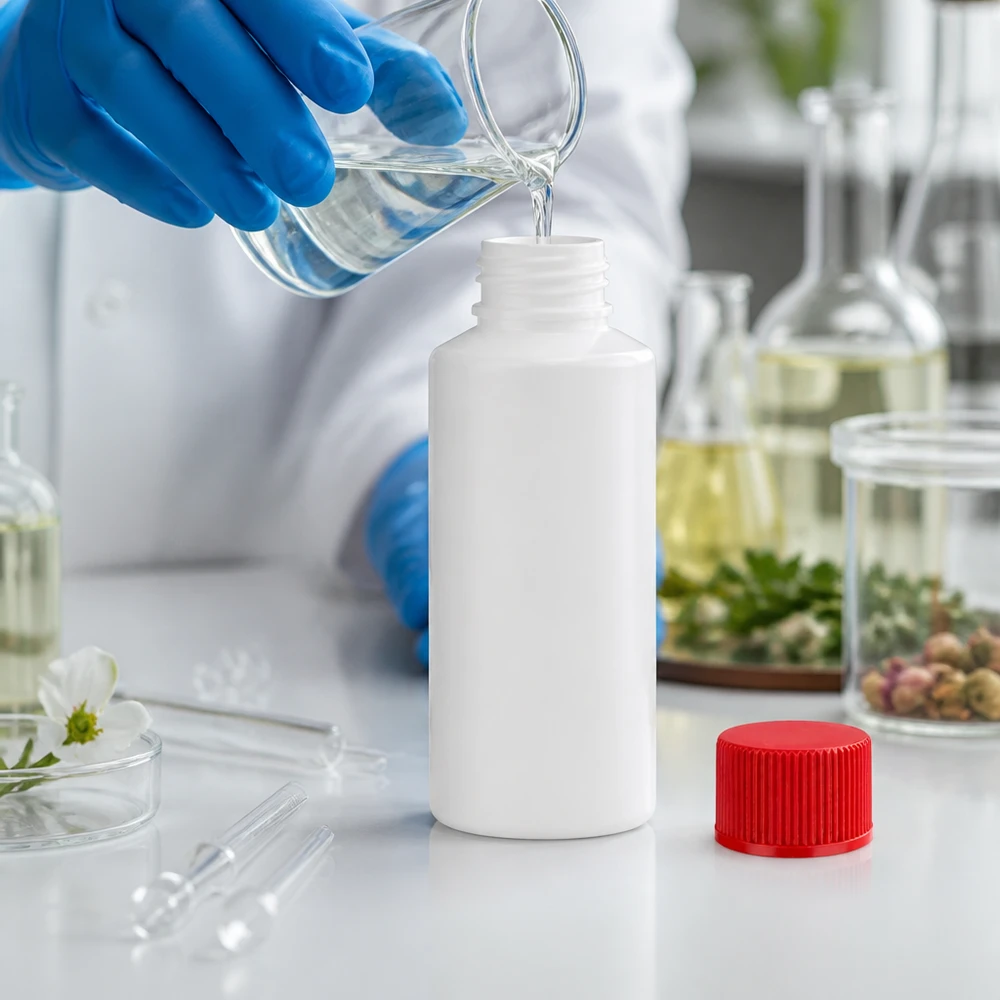 Mała biała buteleczka z HDPE o pojemności 30 ml z czerwonym zamknięciem zabezpieczającym jest napełniana w laboratorium przezroczystym płynem