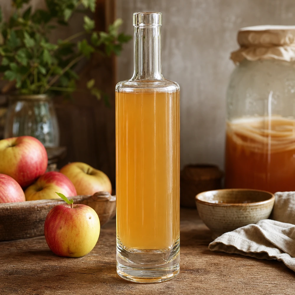 Szklana butelka 500 ml Lina bez zamknięcia UNiTWIST® 500 ml szklana butelka Lina wypełniona złotym sokiem jabłkowym w rustykalnej scenerii kuchennej ze świeżymi jabłkami i miodem
