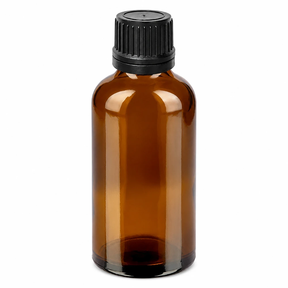 50 ml butelka z kroplomierzem 1 mm czarna OV BrownLine UT18/50 Butelka z bursztynowego szkła o pojemności 50 ml z czarnym zakraplaczem do olejków eterycznych i nalewek