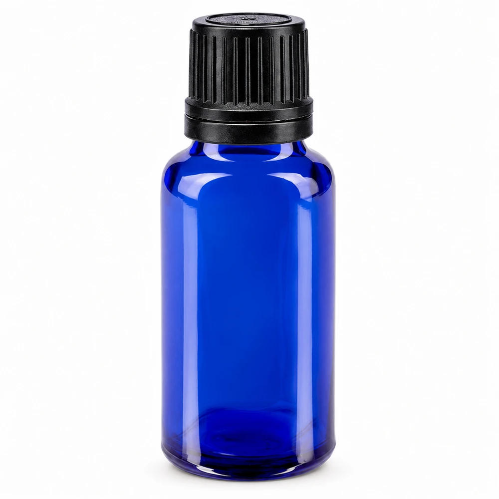 20 ml niebieska szklana buteleczka apteczna z czarnym zamknięciem zabezpieczającym 8 mm