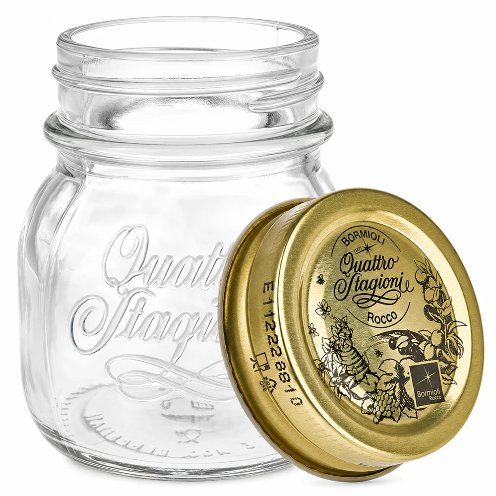 Słoik okrągły 150 ml „Quattro Stagioni” z pokrywką 150ml okrągły słoik Quattro Stagioni ze złotą pokrywką do przechowywania przetworów Bormioli Rocco Italian