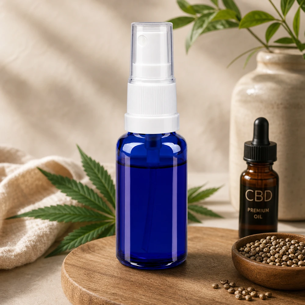 20 ml niebieska szklana butelka z atomizerem typu STD z białym rozpylaczem obok olejku CBD i liścia konopi