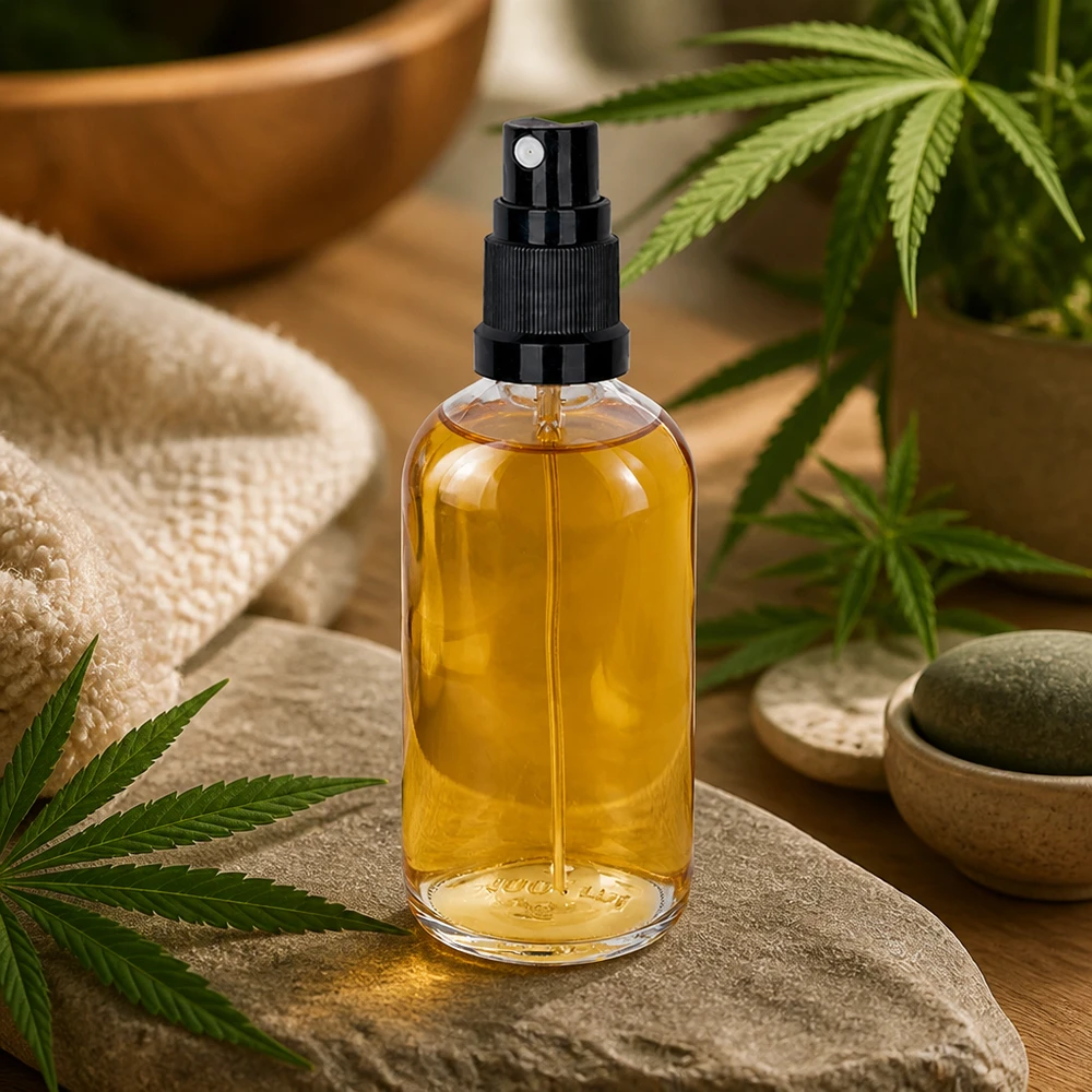 Olej CBD w butelce z atomizerem, 100 ml, przezroczyste szkło, czarny atomizer z motywem konopi, wellness