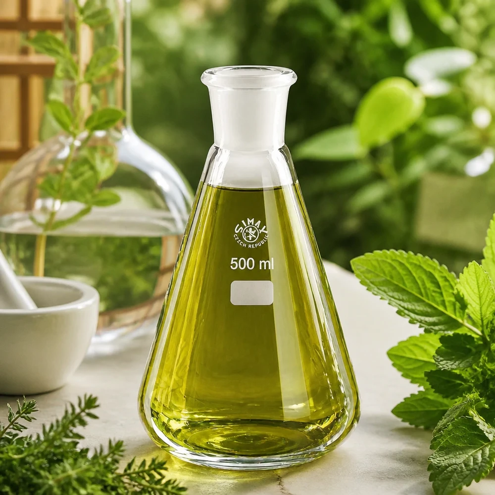 Kolba Erlenmeyera 500 ml ze standardowym szlifowanym złączem (29/32) Przezroczysta kolba Erlenmeyera 500 ml z zieloną cieczą i standardowym szlifowanym złączem 29/32