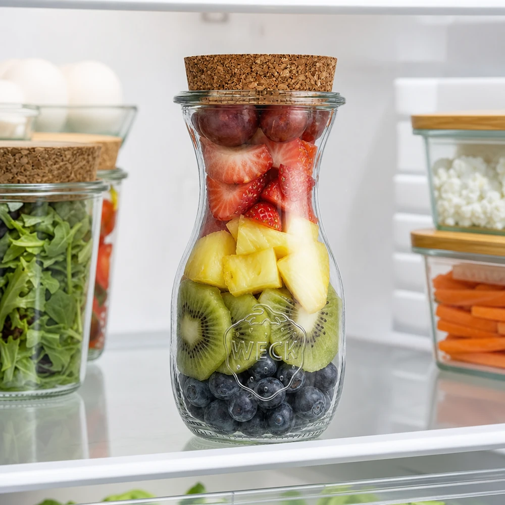 Butelka na sok 290ml WECK RR60 z korkiem naturalna Sok WECK butelka 290ml RR60 z mieszanką owoców jagody kiwi ananas truskawki w lodówce Przygotowanie posiłku