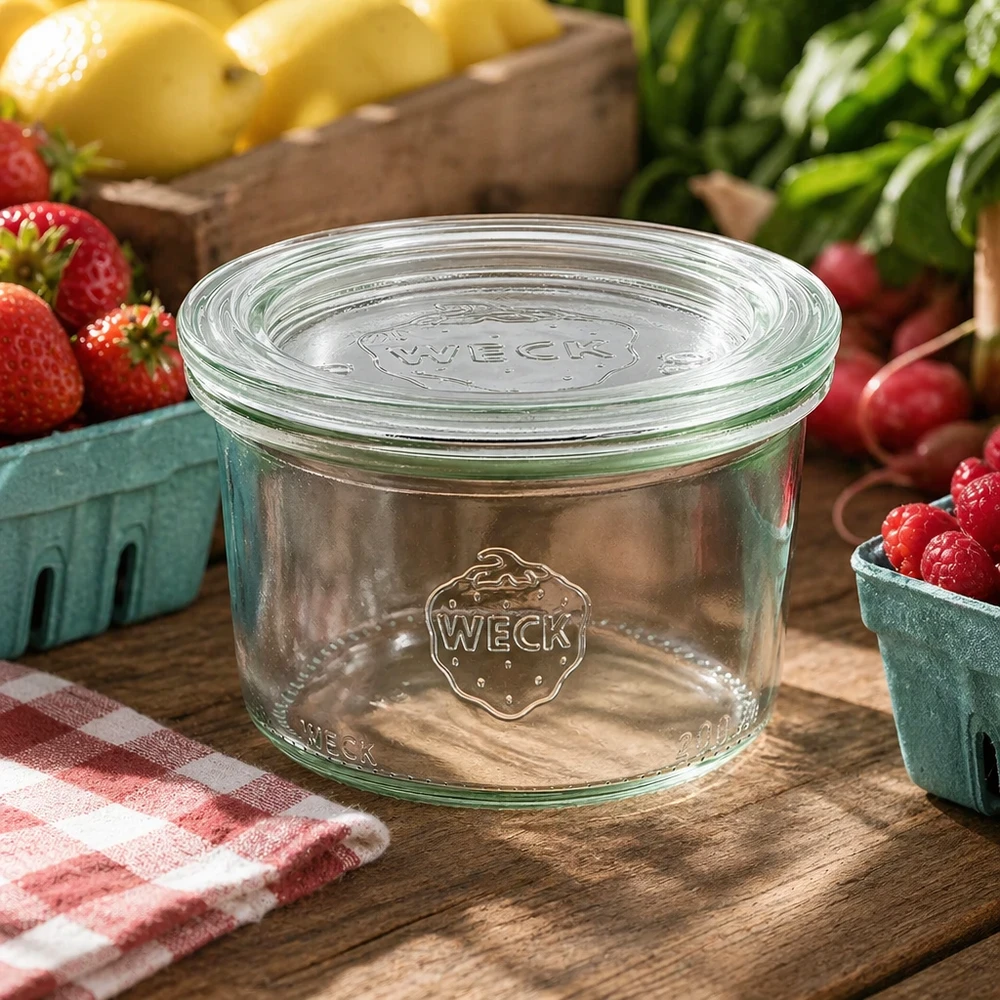 Kubki 200 ml ze szklaną pokrywką WECK RR80 Słoik na przetwory WECK 200ml RR80 w naturalnej kuchennej oprawie ozdobiony świeżymi owocami i warzywami