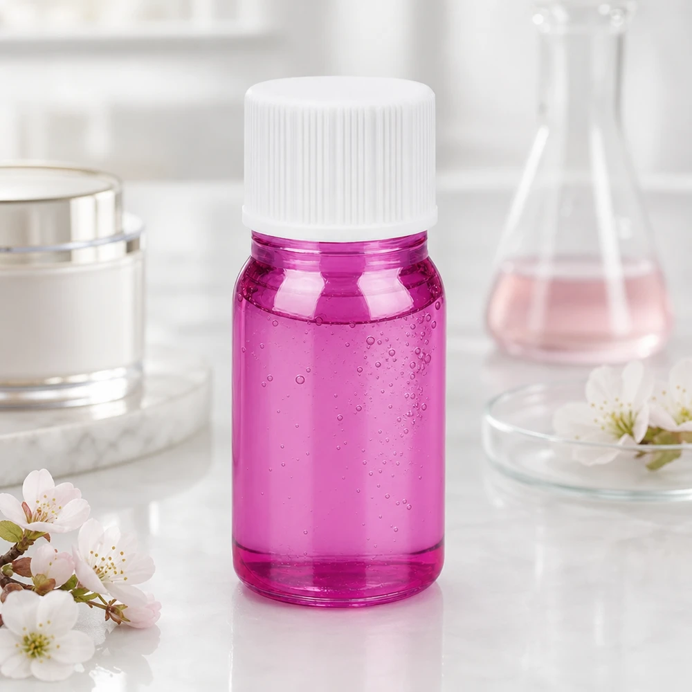 Kompaktowa butelka laboratoryjna o pojemności 5 ml wykonana z fioletowego szkła z białą zakrętką umożliwiającą precyzyjne dozowanie.