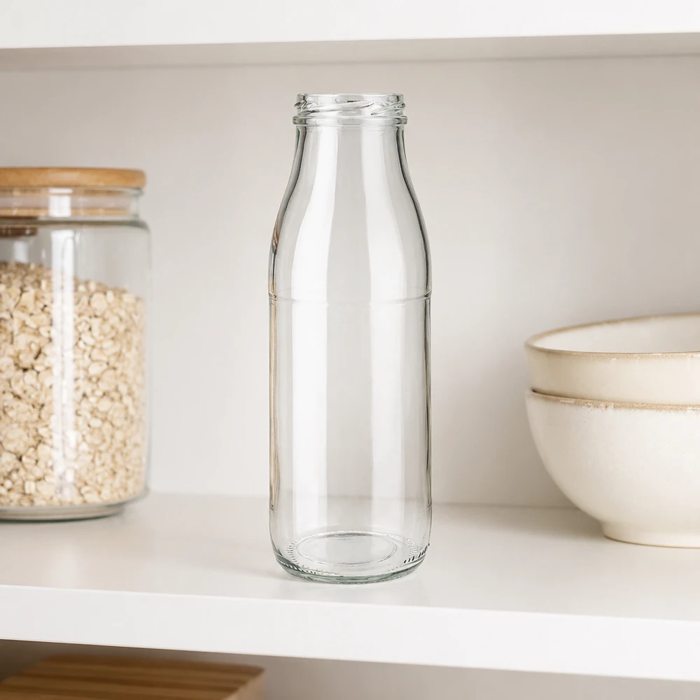 Szklana butelka 500 ml bez pokrywki (TO48) UNiTWIST. Całkowicie szczelna z dużym otworem. Do mleka, soków i lemoniady. Wymaga pokrywki TO48 500 ml szklana butelka TO48 UNiTWIST bez pokrywki na białej półce kuchennej obok miski na płatki i słoika do przechowywania