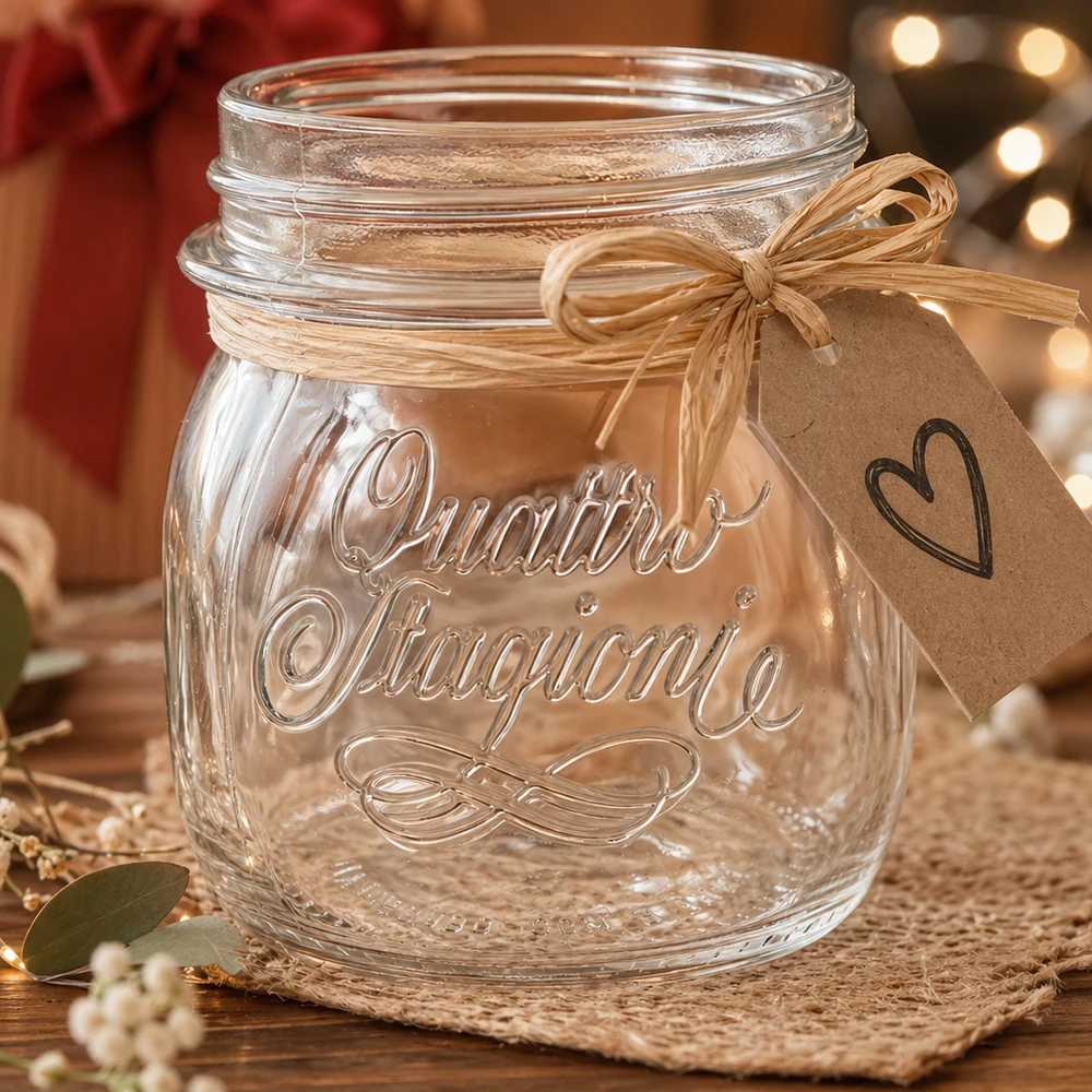 Słoik domowy 250ml Quattro Stagioni ze wstążką i zawieszką w kształcie serca jako pomysł na prezent do kuchni