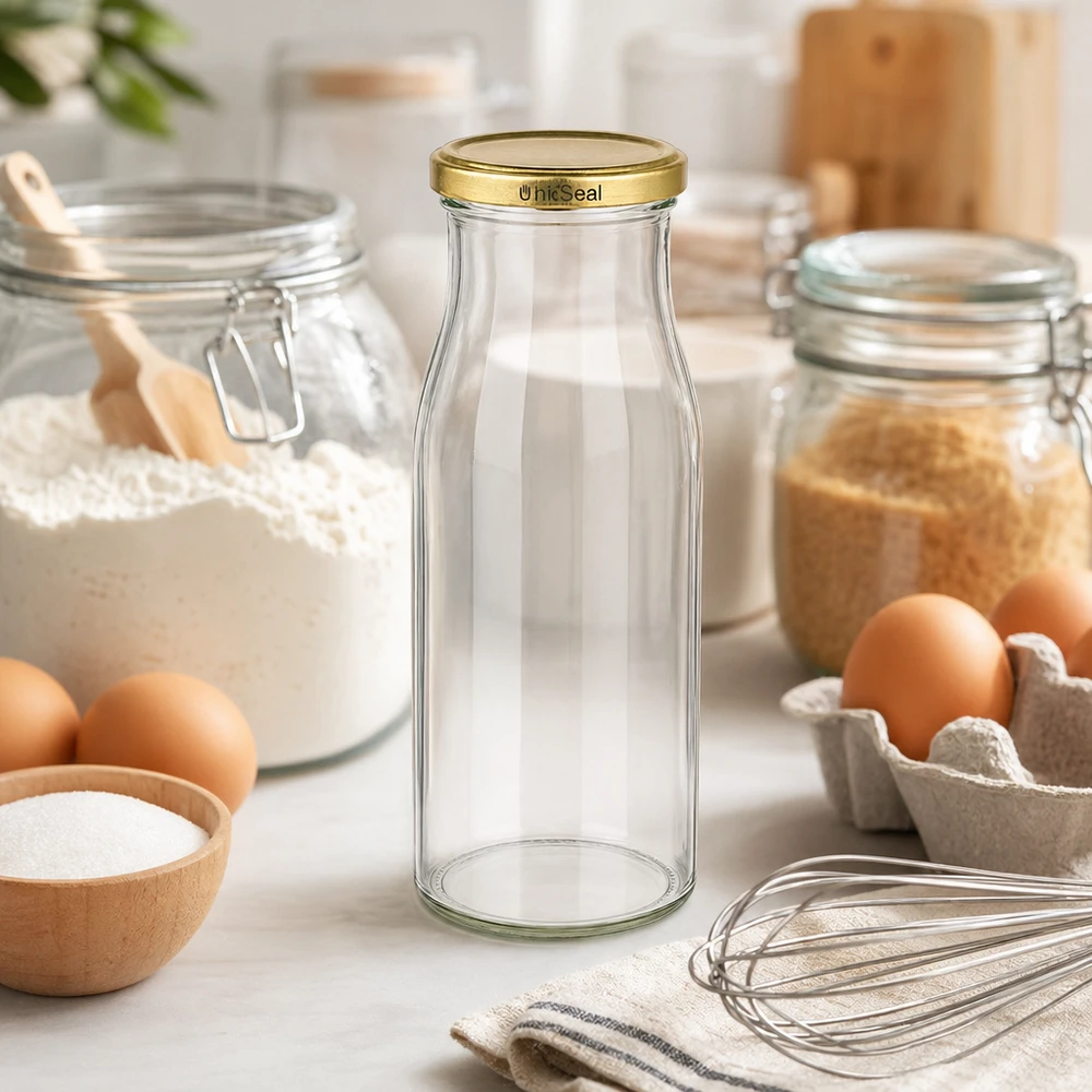 Butelka UNiTWIST Bottle150 w kolorze złotym. Pokrywka TO43 BioSeal UNiTWIST szklana butelka 150ml pusta na blacie kuchennym ze składnikami do pieczenia jajka mąka trzepaczka złota pokrywka