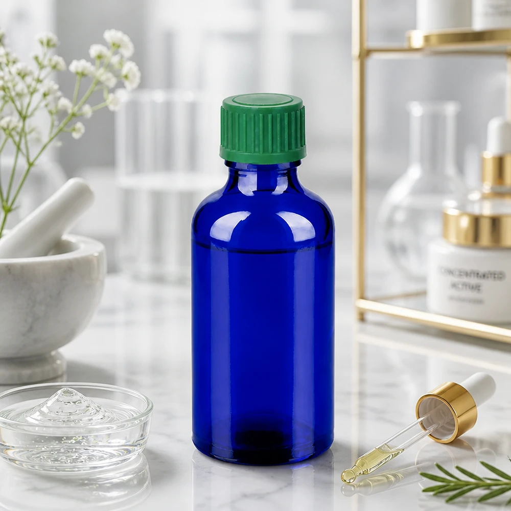 Kompaktowa butelka z zakraplaczem o pojemności 50 ml i otworem 0,8 mm, idealna do zastosowań laboratoryjnych i farmaceutycznych.