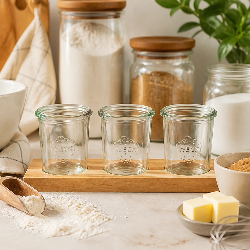 Kubki Weck 160ml puste na bambusowej desce do serwowania Plano3 w kuchni ze składnikami do pieczenia mąką i masłem