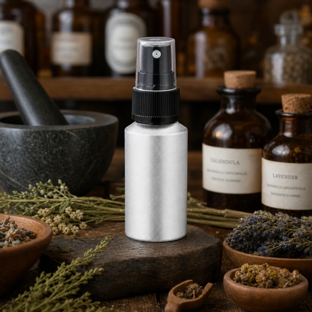 Kompaktowa aluminiowa butelka o pojemności 30 ml z atomizerem, idealna w podróży i w podróży