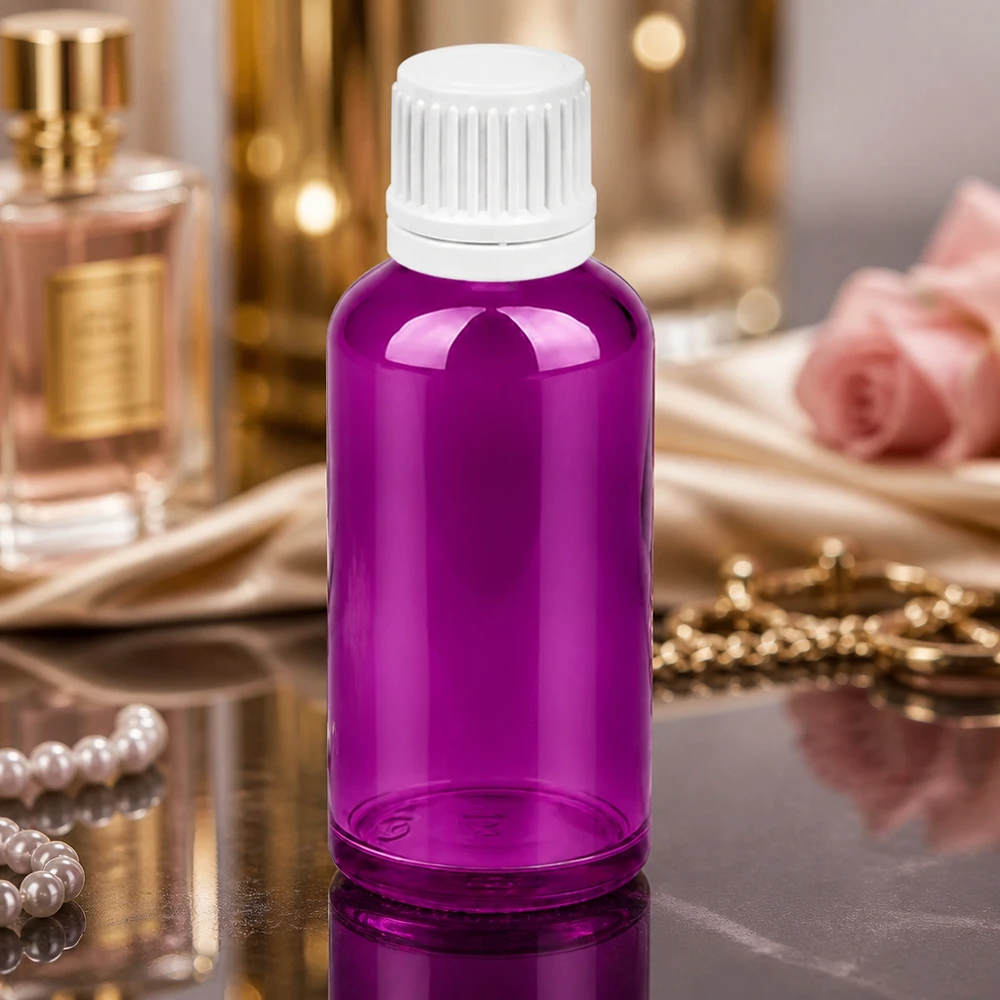 Elegancka 50 ml butelka z zakraplaczem w kolorze fioletowym z białą nakrętką dla urody i dobrego samopoczucia
