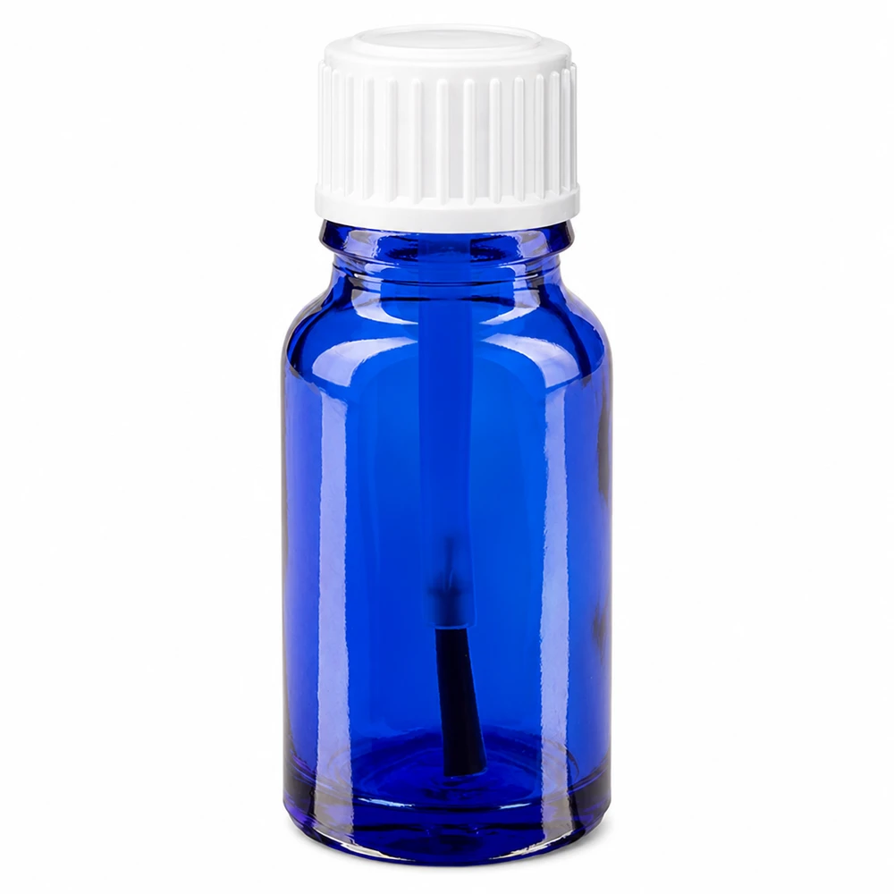 10 ml niebieska szklana buteleczka apteczna z białą nakrętką z pędzelkiem, umożliwiającą precyzyjną aplikację