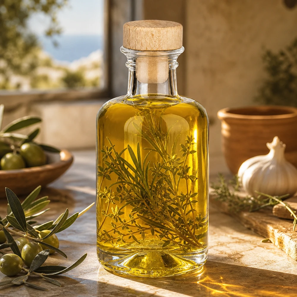 100ml Glasflasche Sofia mit Holzkorken gefüllt mit Kräuteröl und Rosmarin mediterrane Küche Olivenöl Infusion